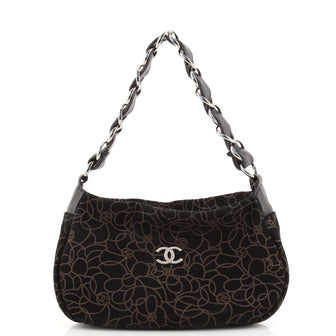 Chanel Camellia Chain Shoulder Bag Embossed Suede Medium