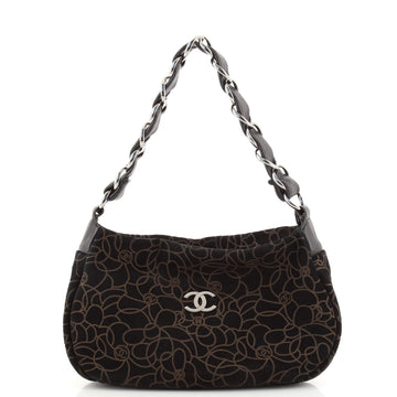 Chanel Camellia Chain Shoulder Bag Embossed Suede Medium