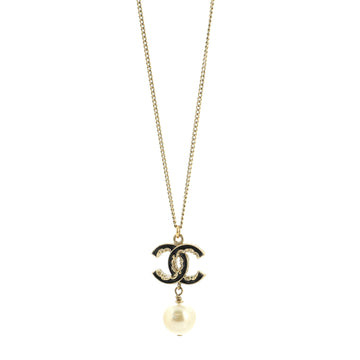 Chanel CC Drop Pendant Necklace Metal with Enamel and Faux Pearl
