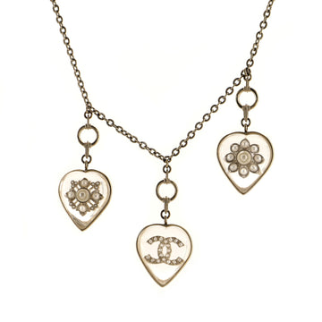 Chanel Triple Heart Pendant Necklace Metal with Resin and Faux Pearls