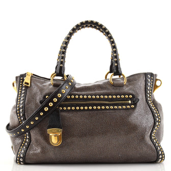 Prada Front Press Lock Pocket Satchel Studded Craquele Leather Large