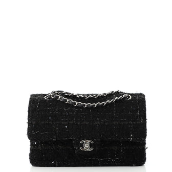 Chanel Vintage Classic Double Flap Bag Quilted Tweed with Sequins Medium
