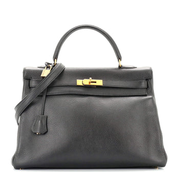 Hermes Kelly Handbag Black Buffalo Skipper with Gold Hardware 35