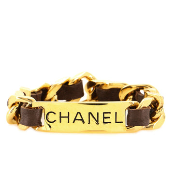 Chanel Vintage Logo Plate Chain Bracelet Metal with Leather