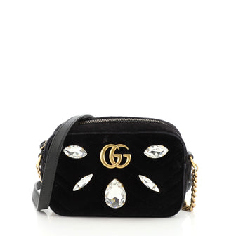 Gucci GG Marmont Shoulder Bag Crystal Embellished Matelasse Velvet Mini