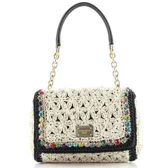 Dolce & Gabbana Miss Charles Top Handle Bag Woven Raffia with Crystals Small