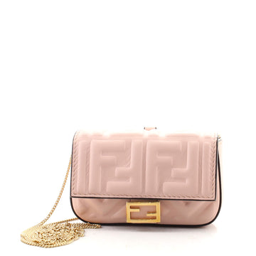 Fendi Chain Baguette Charm Bag Zucca Embossed Leather Nano