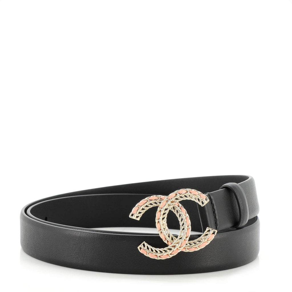Chanel Woven Chain CC Buckle Belt Leather Thin Black 1440522