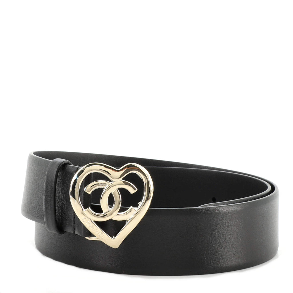 Chanel Coco In Love Heart Buckle Belt Leather Wide Black 1440701