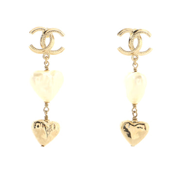 Chanel CC Heart Dangle Earrings Metal and Faux Pearl