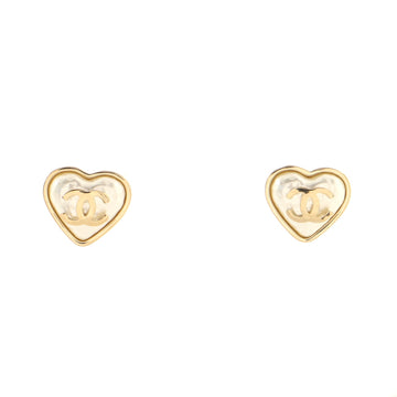 Chanel CC Heart Stud Earrings Metal and Faux Pearl
