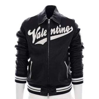 Valentino Men's Logo Patch Bomber Jacket Lambskin with Cotton Blend