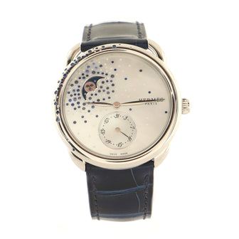 Hermes Arceau Petite Lune Automatic Watch Stainless Steel and Alligator with Blue Sapphires, Diamonds and Mother of Pearl 38