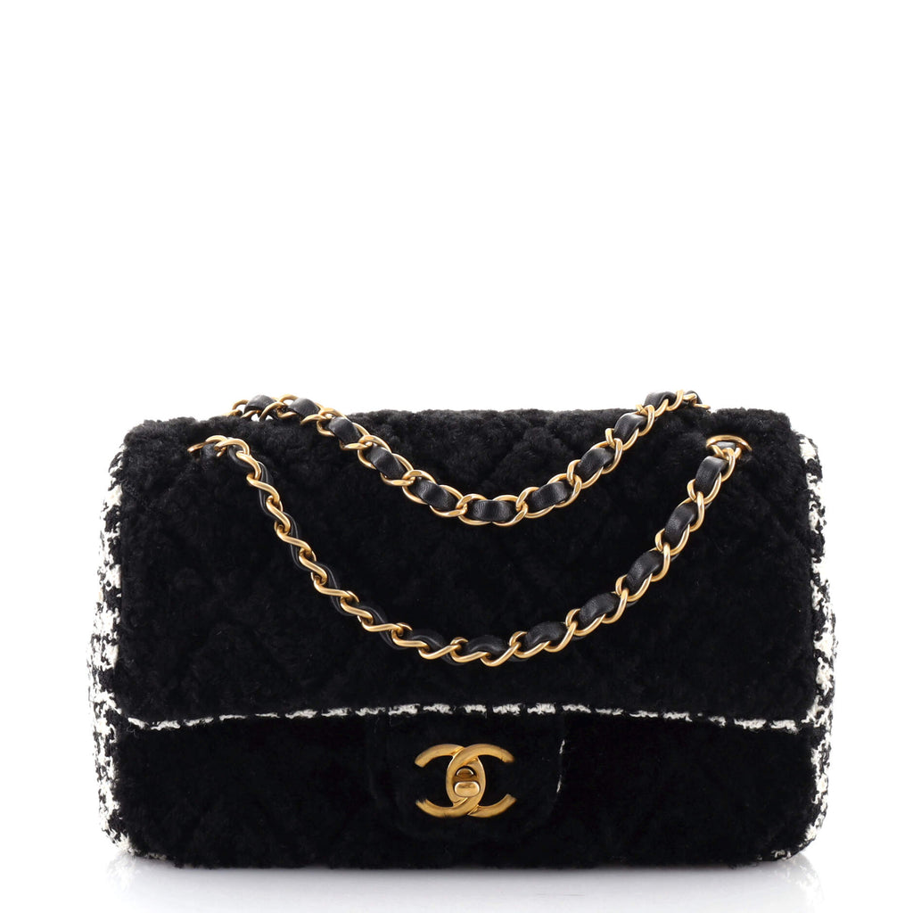 Chanel CC Flap Bag Quilted Shearling and Tweed Medium Black 1444221
