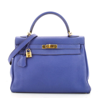 Hermes Kelly Handbag Blue Togo with Gold Hardware 32