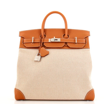 Hermes HAC Birkin Bag Toile and Brown Evercolor with Palladium Hardware 40