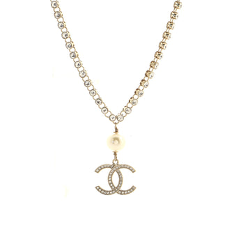 Chanel CC Crystal Chain Pendant Necklace Metal with Faux Pearl and Crystal