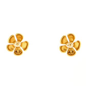 Chanel Vintage Flower CC Stud Earrings Metal with Faux Pearls