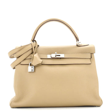Hermes Kelly Handbag Brown Clemence with Palladium Hardware 32