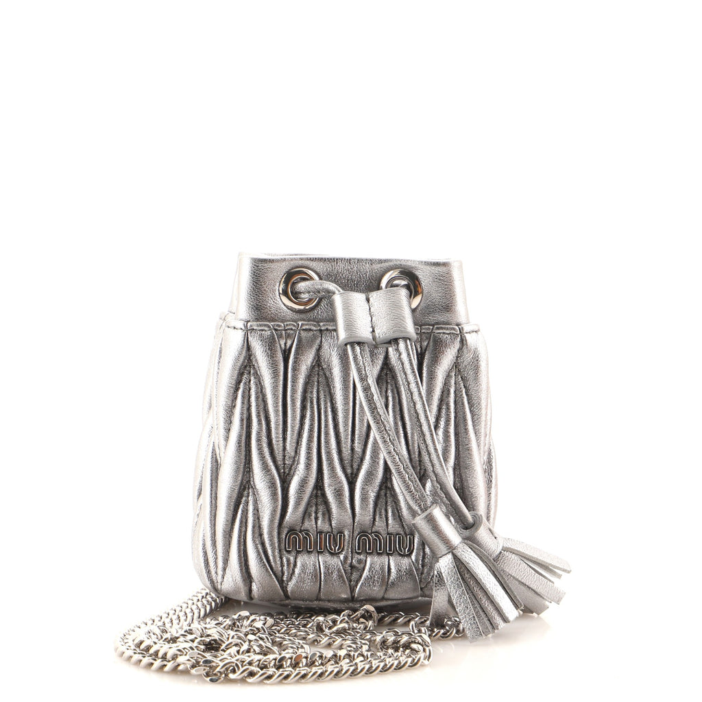 Miu Miu Bandoliera Chain Bucket Bag Matelasse Leather Mini Silver