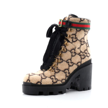 Gucci Women's Heeled Lace Up Combat Ankle Boots GG Wool