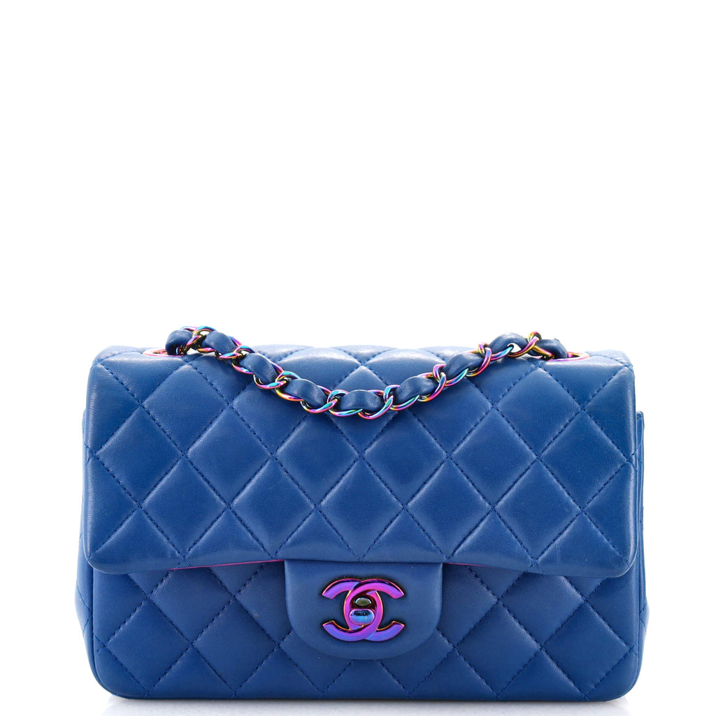 Chanel Classic Single Flap Bag Quilted Lambskin with Rainbow Hardware Mini  Blue 1449921