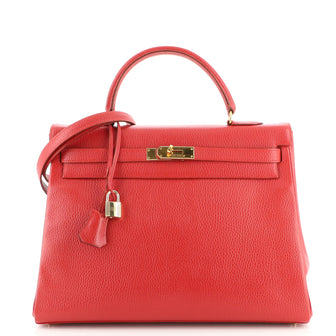 Hermes Kelly Handbag Red Ardennes with Gold Hardware 35