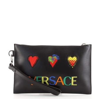 Versace Wristlet Pouch Embroidered Leather Small