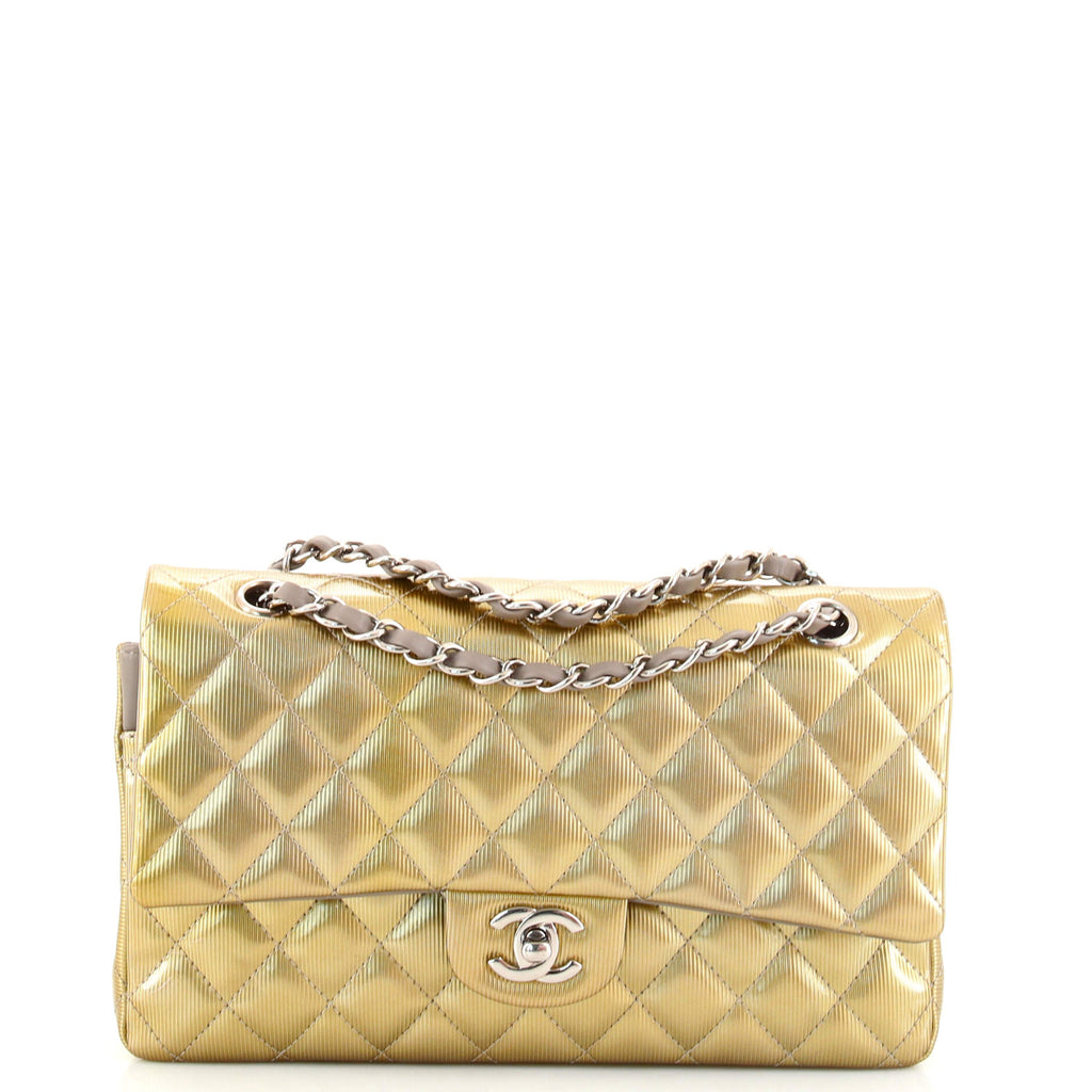 Chanel Gold Patent Striated Medium Classic Flap Bag Chanel