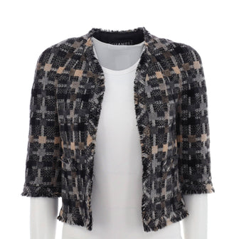 Chanel Women's Check Pattern Fringed Cropped Jacket Wool Blend