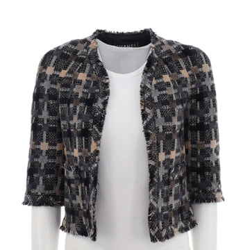 Chanel Women's Check Pattern Fringed Cropped Jacket Wool Blend