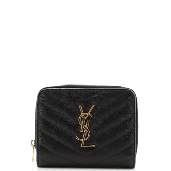 Saint Laurent Classic Monogram Zip Around Wallet Matelasse Chevron Leather Compact