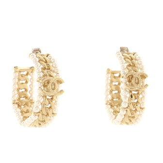 Chanel CC Chain Hoop Earrings Metal and Faux Pearls
