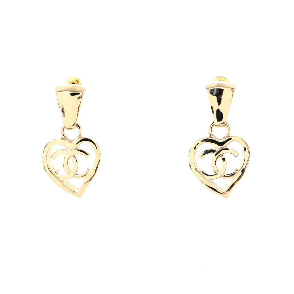 Chanel Heart Shaped Rhinestone Earrings With Gold Metal CC Drop