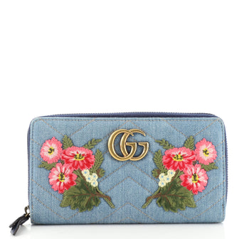 Gucci GG Marmont Zip Around Wallet Embroidered Matelasse Denim