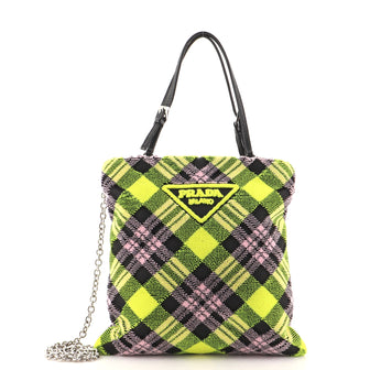 Prada Convertible Flat Zip Chain Tote Plaid Velvet