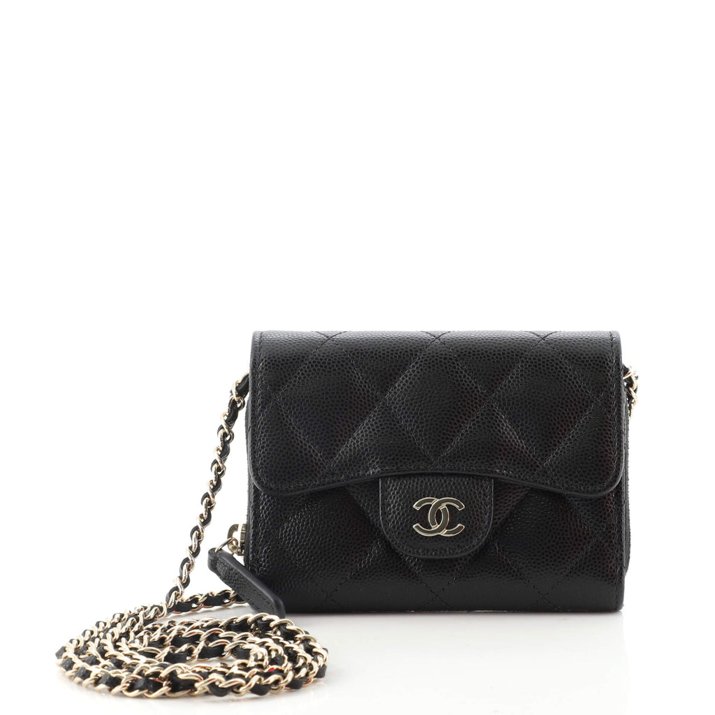 CHANEL Caviar Quilted Miss Coco Zip Card Holder On Chain Black 825281