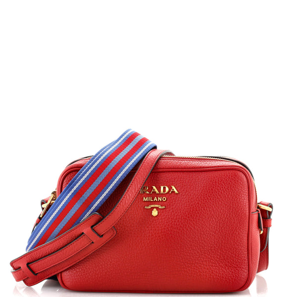 PRADA Double Zip Camera Leather Shoulder Bag Red