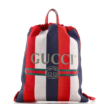 Gucci Logo Drawstring Backpack Striped Canvas Large