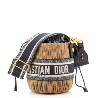 Christian Dior Drawstring Bucket Bag Wicker with Oblique Canvas