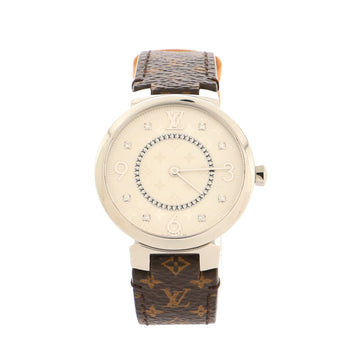 Louis Vuitton Tambour Slim Quartz Watch Stainless Steel and Monogram Canvas with Diamond Markers 28