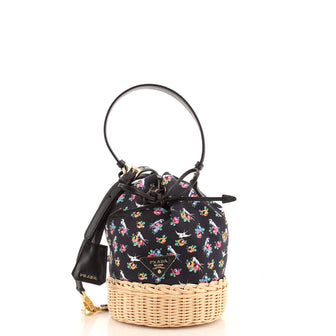 Prada Drawstring Bucket Bag Printed Canvas and Wicker Small