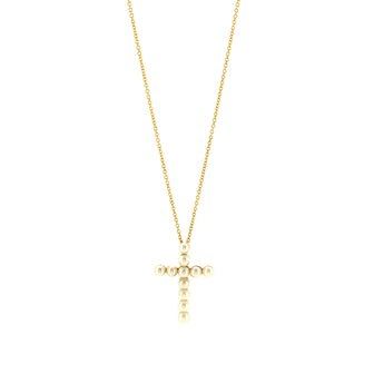 Tiffany & Co. Cross Pendant Necklace 18K Yellow Gold with Pearls