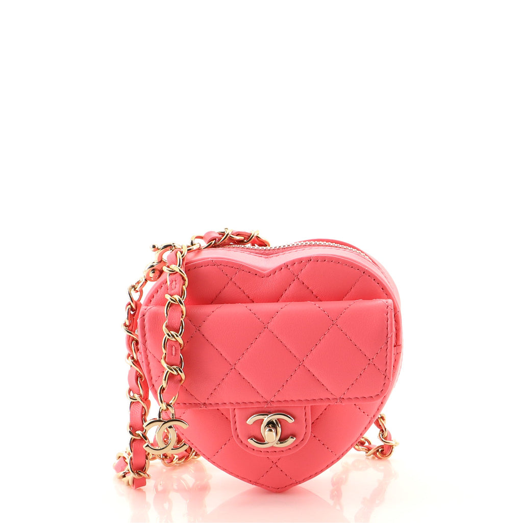22S CC In Love Heart Zipped Pink Lambskin Quilted Belt Bag LGHW