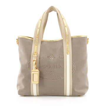 Prada Logo Convertible Tote Canvas with Studded Leather Large Brown