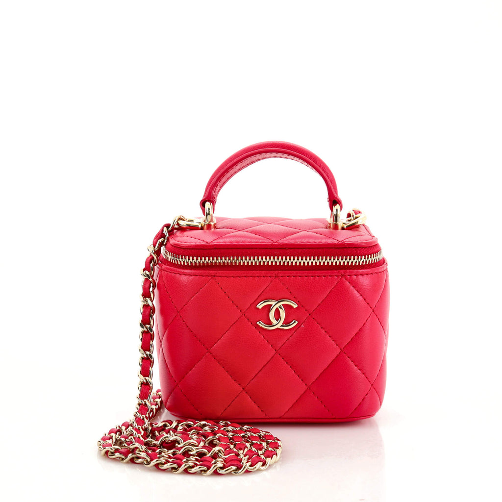 Chanel Classic Top Handle Vanity Case with Chain Quilted Lambskin Mini Red  163115162