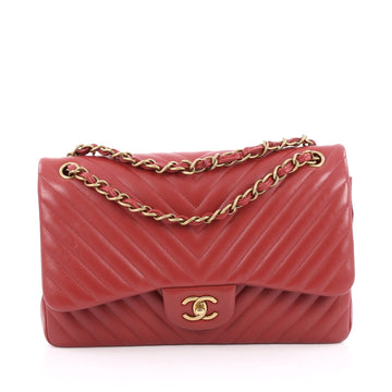 Chanel Classic Double Flap Bag Chevron Lambskin Jumbo Red