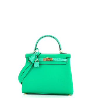 Hermes Touch Kelly Handbag Green Togo with Lizard and Gold Hardware 25