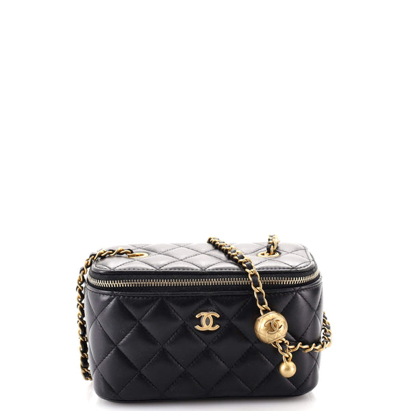Chanel Vanity with Pearl Crush Chain in Black Lambskin Aged Gold