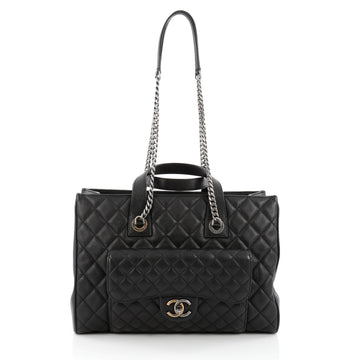 Chanel CC Chain Front Pocket Shopping Tote Quilted Goatskin Large Black
